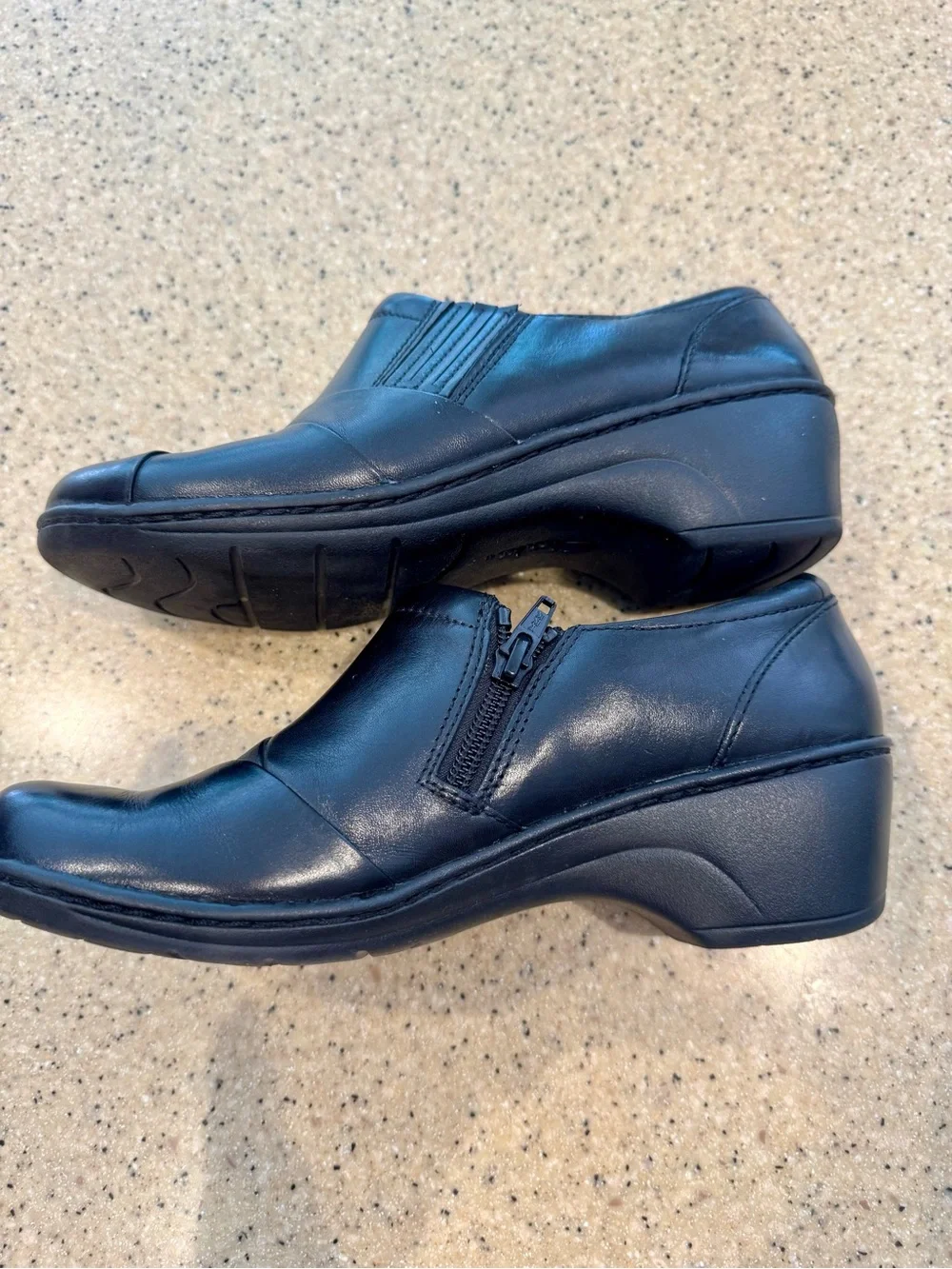 Clarks Black Leather Slip-On Wedge Loafers